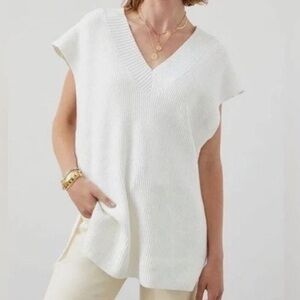 Anthropologie Ribbed Ivory Oversized V Neck Sweater Knit Tunic Grandpa Vest OS